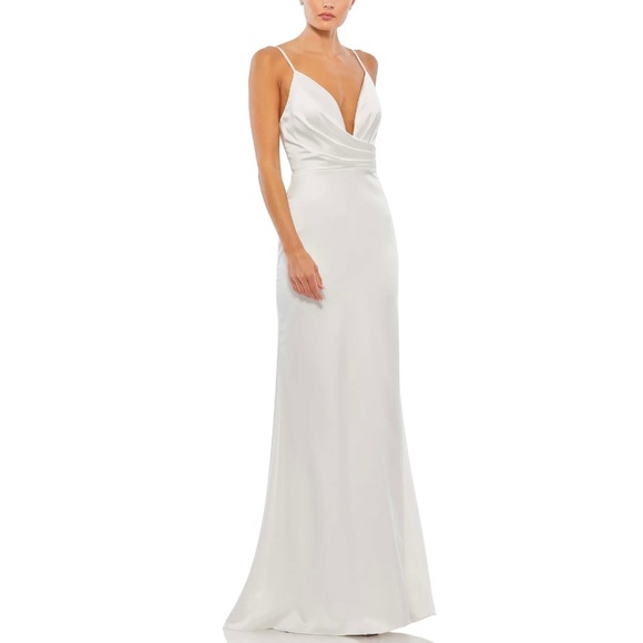 Mac Duggal Ieena 26264 Plunge Faux Wrap Neck Charmeuse Gown - Picture 1 of 12